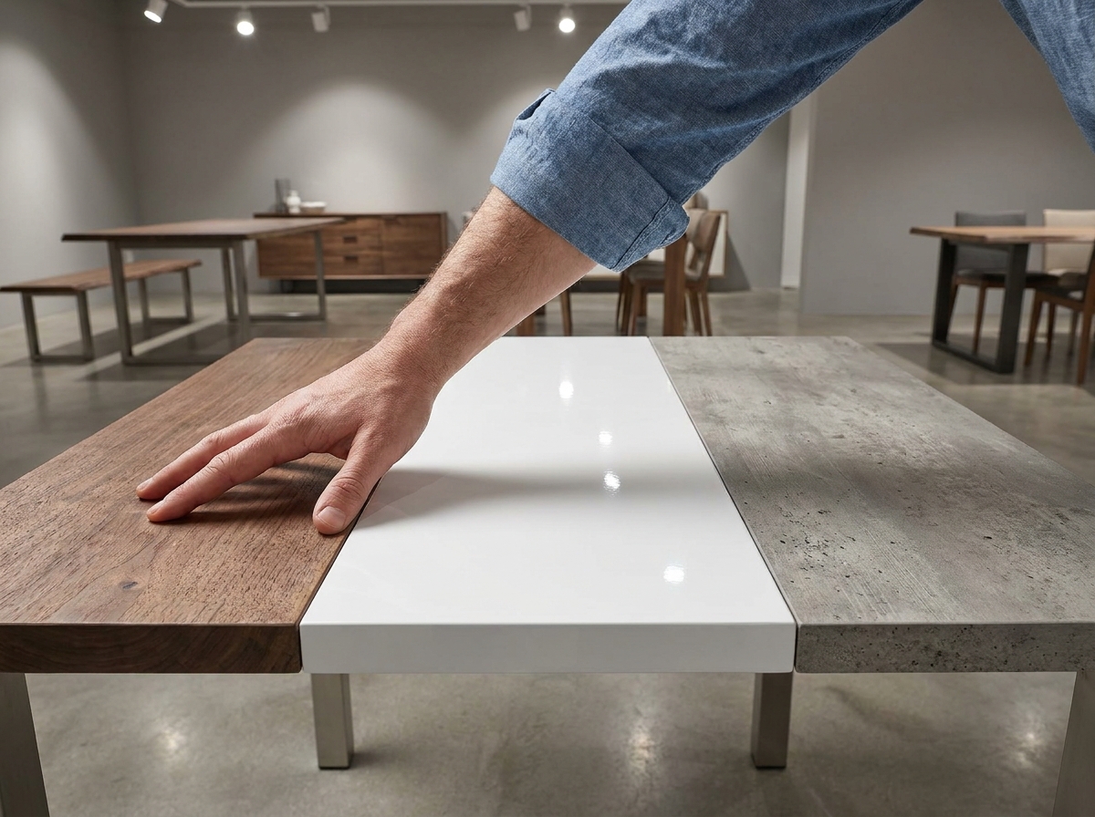 Comparaison de matériaux de tables de salle à manger en showroom avant achat