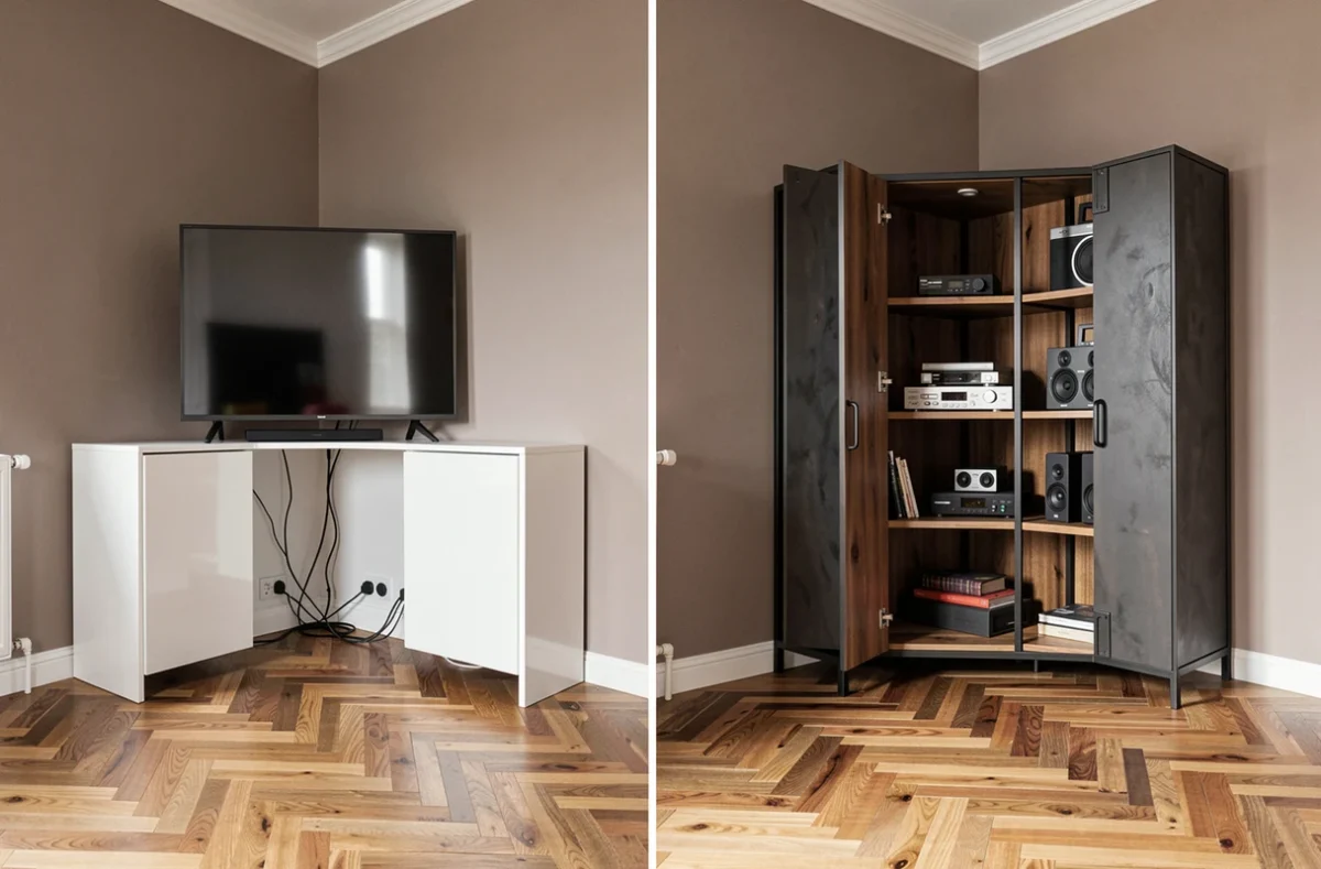 Comparaison meuble TV d'angle fermé laqué blanc et meuble TV d'angle ouvert en métal et bois dans un même salon