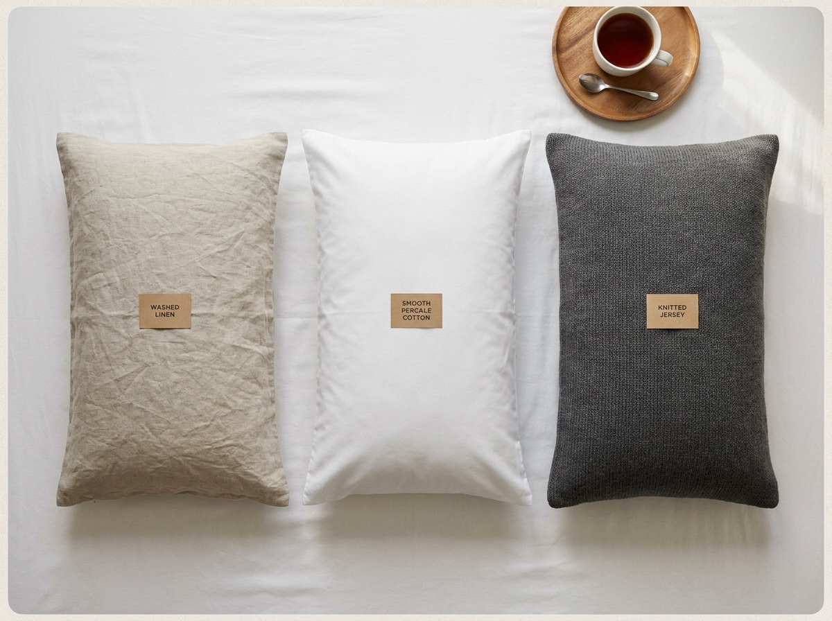 Vue de dessus de trois oreillers rectangulaires aux matières différentes - lin, percale et jersey - comparés côte à côte