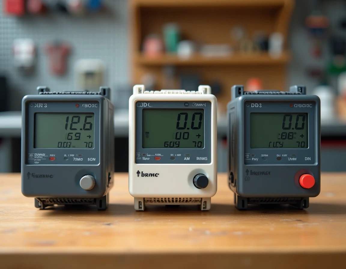 Comparatif de trois modèles de sous-compteurs électriques posés sur un établi d'atelier