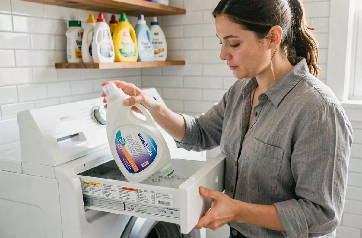 Femme versant de la lessive liquide dans le bon compartiment du tiroir d'un lave-linge moderne