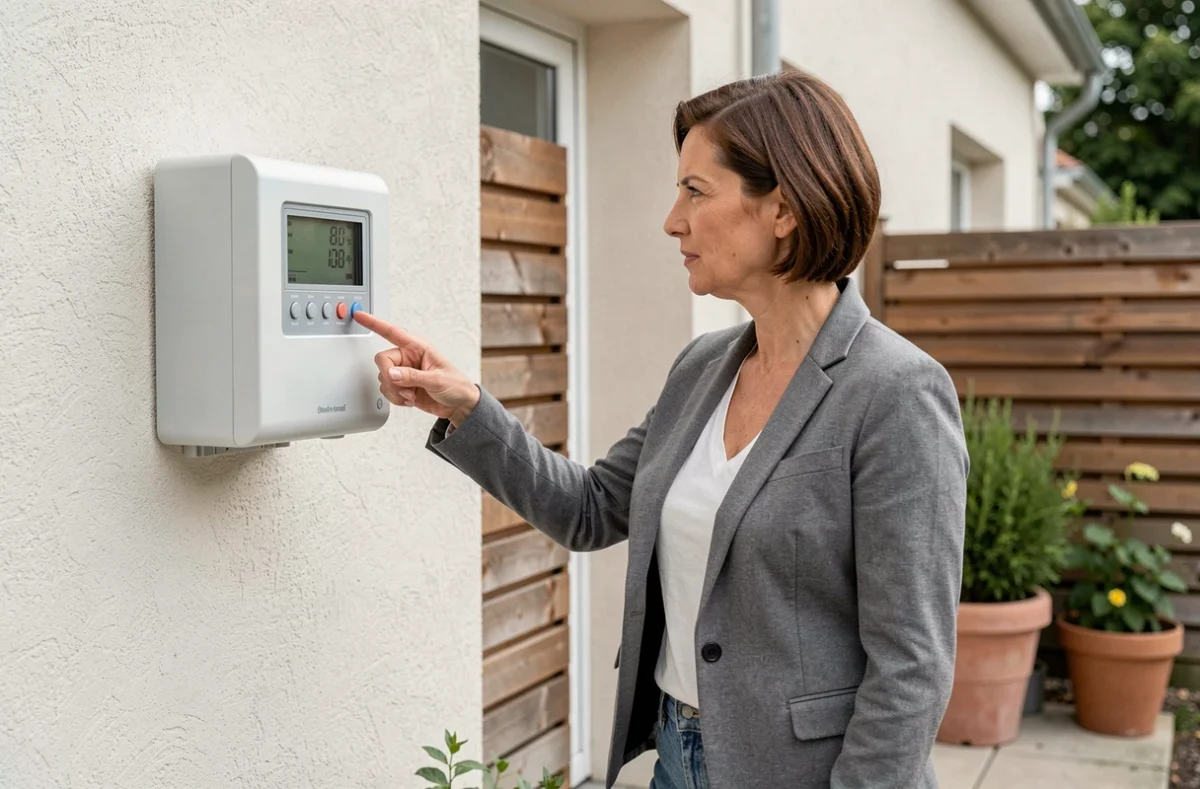 Propriétaire pointant son compteur électrique Linky dans le cadre d'une démarche de déclaration Enedis pour panneaux solaires
