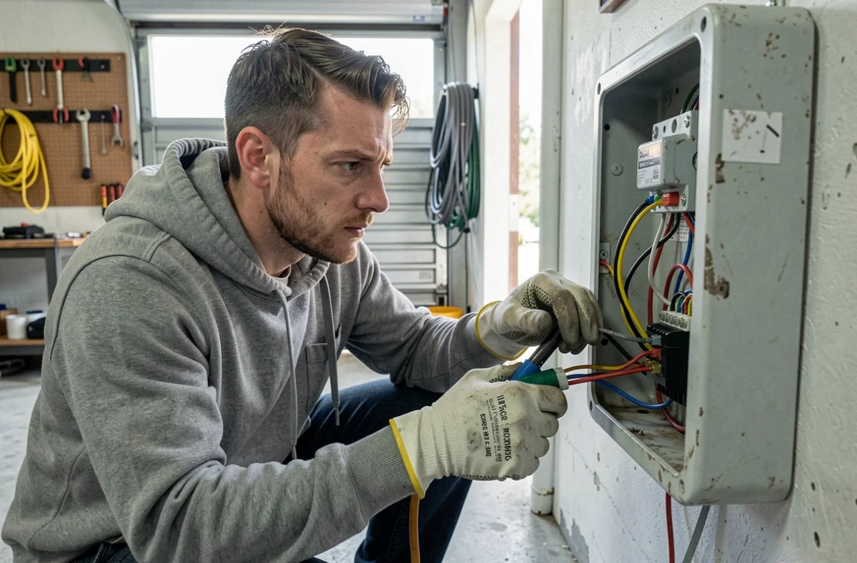Homme connectant les câbles électriques d'un panneau solaire à un onduleur dans son garage