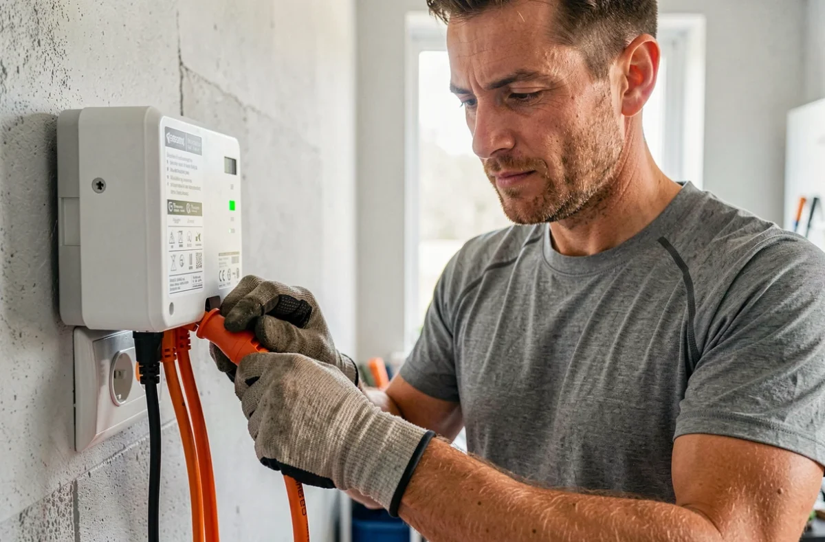 Homme connectant le câble d'un onduleur solaire plug and play à une prise électrique murale