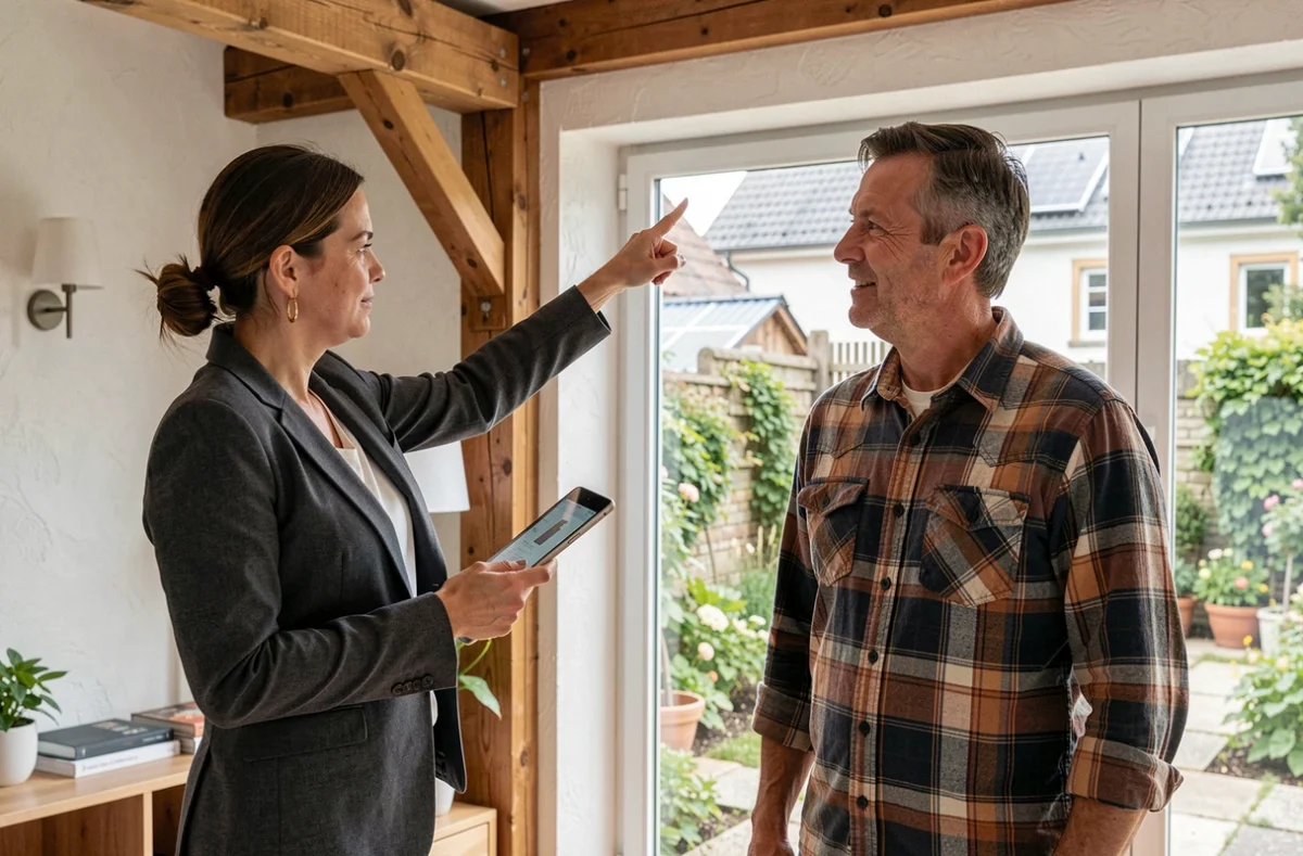 Conseillère en énergie solaire présentant un projet d'installation photovoltaïque à un propriétaire dans une maison alsacienne de Mulhouse