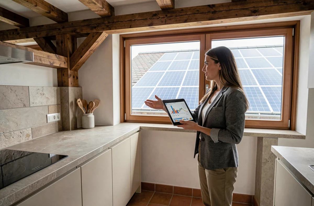 Conseillère en énergie solaire présentant une simulation de production à une famille dans une cuisine alpine à Annecy