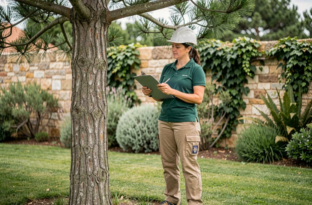Consultante en élagage évaluant un pin dans un jardin privé avant l'établissement d'un devis à La Rochelle