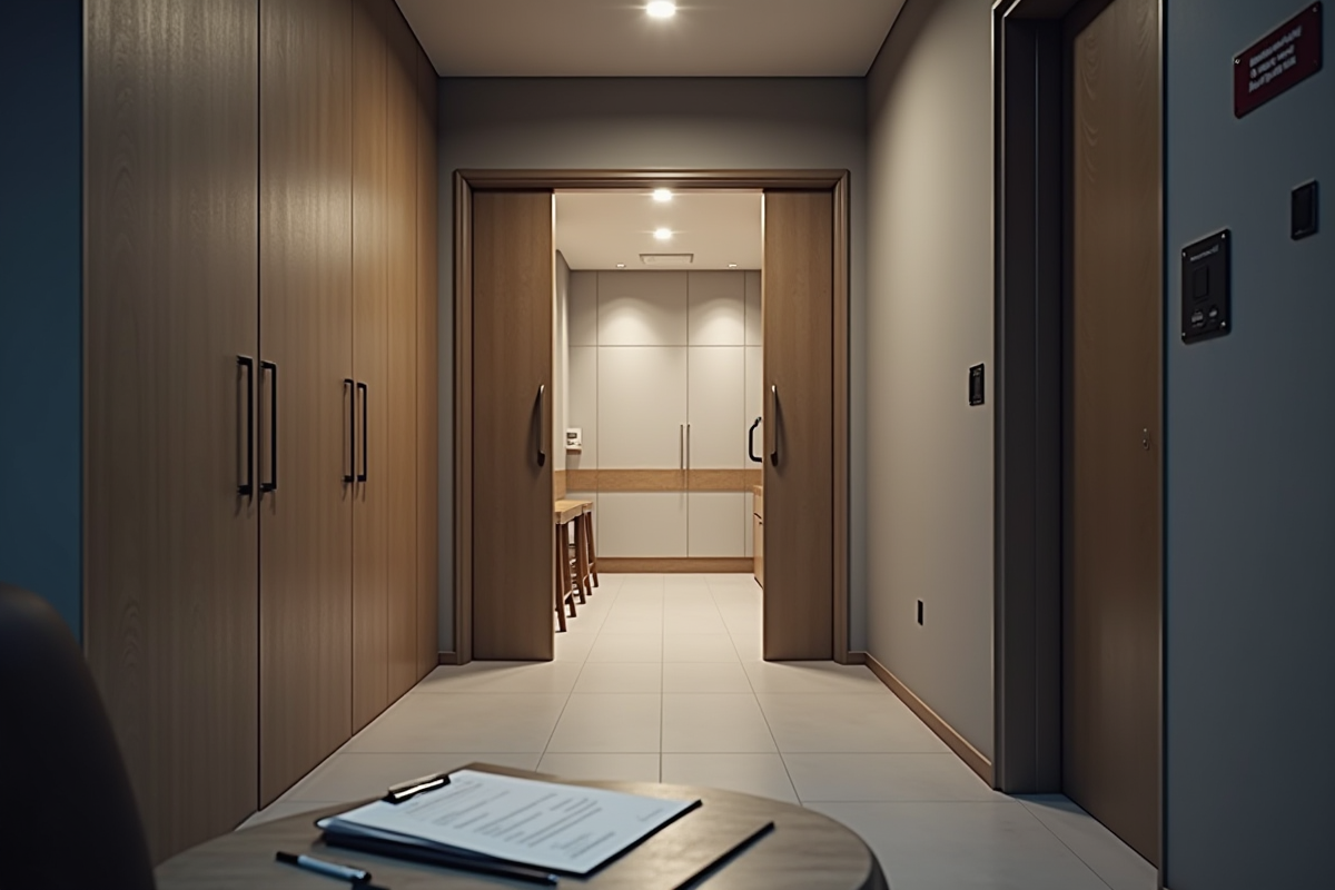 Couloir d immeuble avec porte de cave ouverte et espace vide