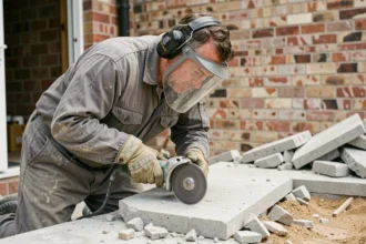 Ouvrier du bâtiment utilisant une meuleuse d'angle pour couper une dalle béton en extérieur, équipé de protections individuelles complètes