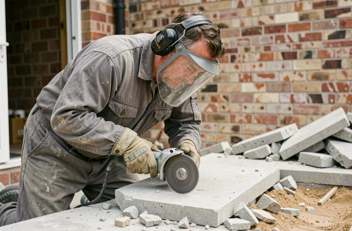 Ouvrier du bâtiment utilisant une meuleuse d'angle pour couper une dalle béton en extérieur, équipé de protections individuelles complètes