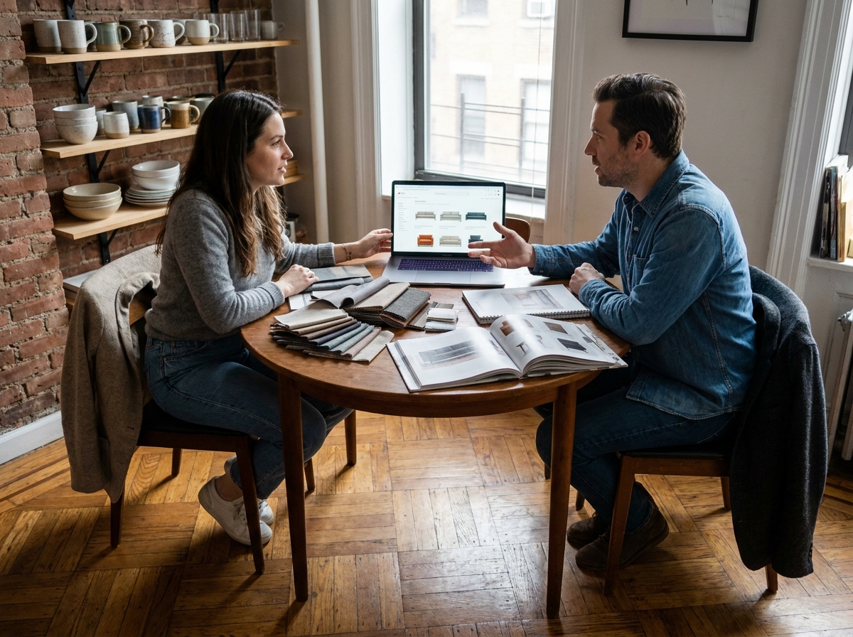 Couple discutant du remplacement de leur table de salle à manger avec des catalogues de meubles