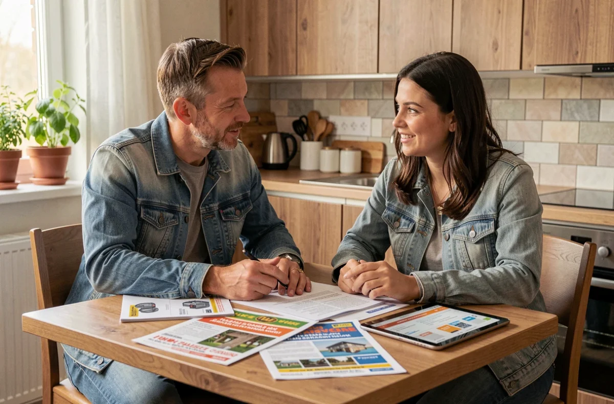 Couple comparant des catalogues et offres de magasins de bricolage à la maison avant un achat