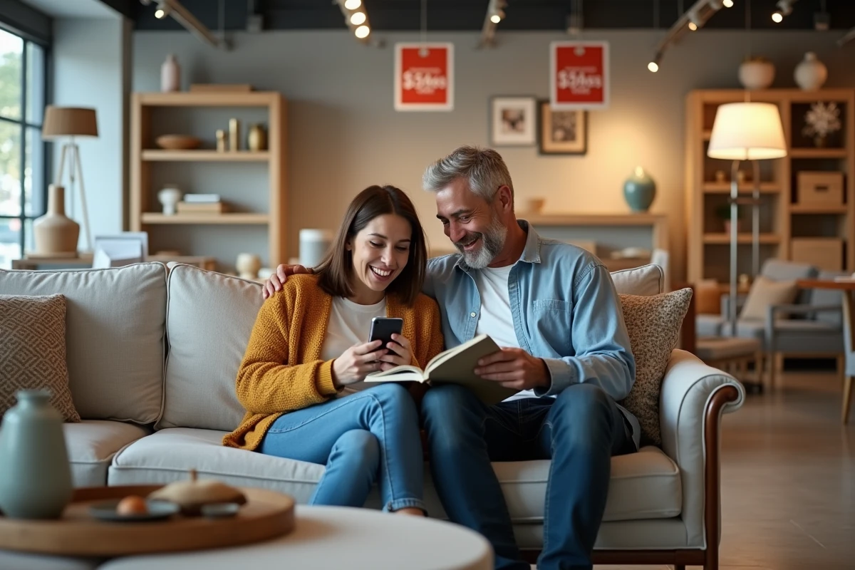 Couple comparant les prix et les meubles en magasin BUT assis sur un canapé d'exposition