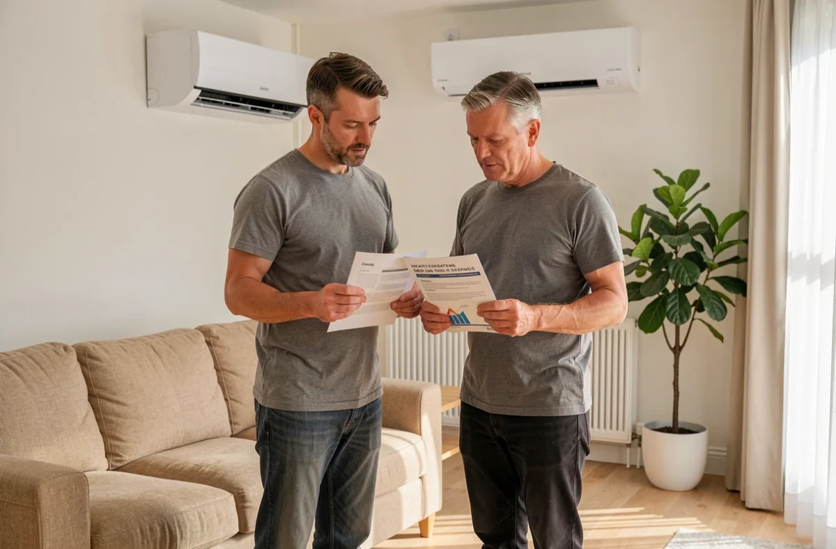 Couple consultant des documents sur les pompes à chaleur dans un salon moderne pendant des travaux de rénovation énergétique