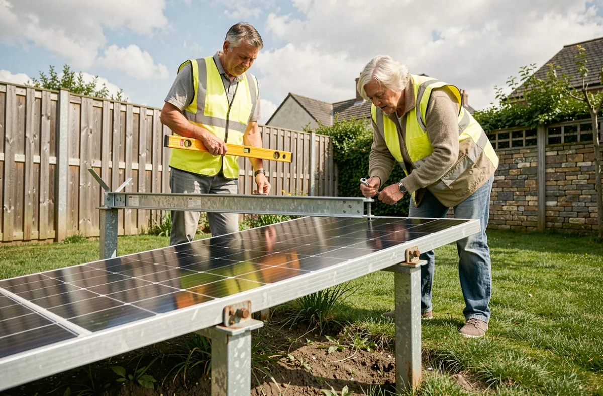 Couple installant un panneau solaire au sol dans leur jardin de maison individuelle