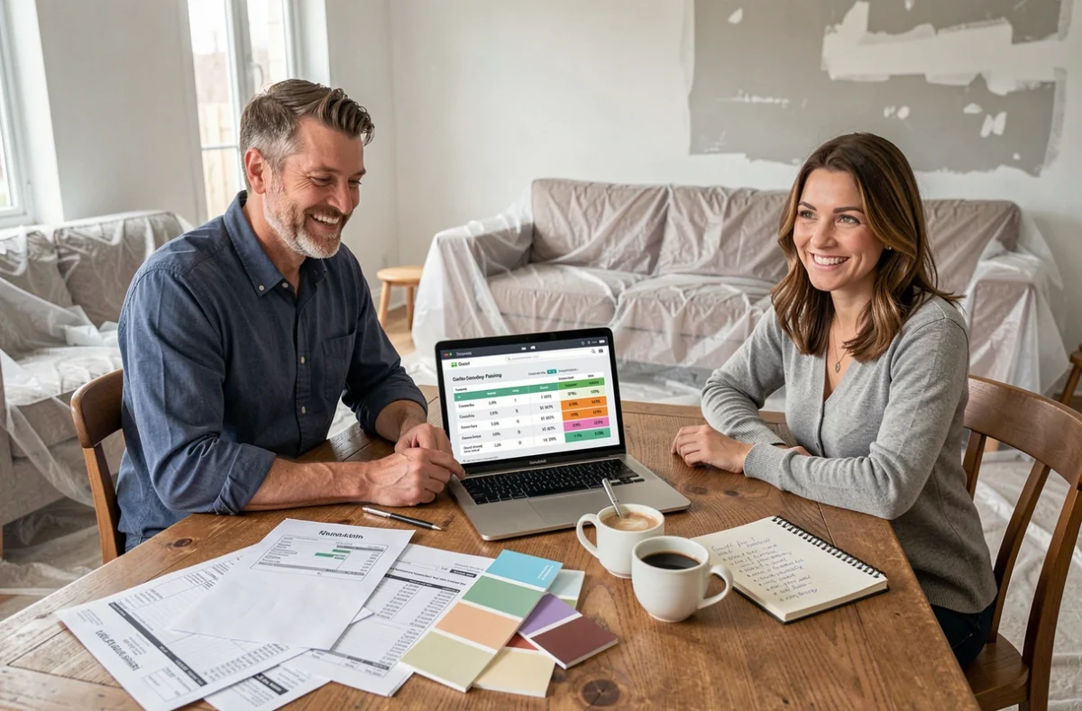Couple planifiant le paramétrage de leur budget de rénovation sur ordinateur avec factures et documents étalés sur une table dans un salon en travaux