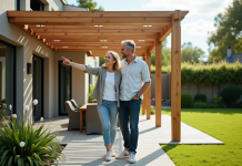 Couple discutant sous une pergola en bois dans un jardin moderne