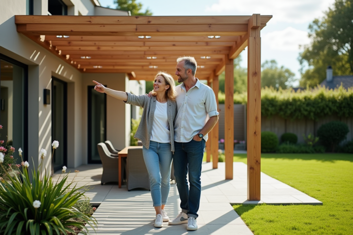 couple-pergola-jardin Couple discutant sous une pergola en bois dans un jardin moderne