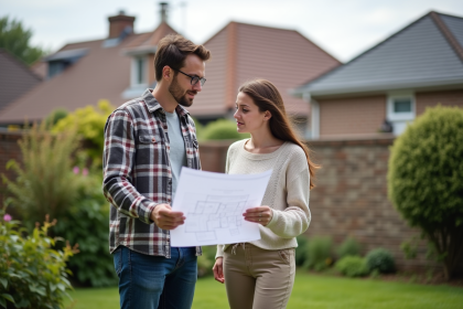 Jeune couple dans un jardin examine un plan architectural