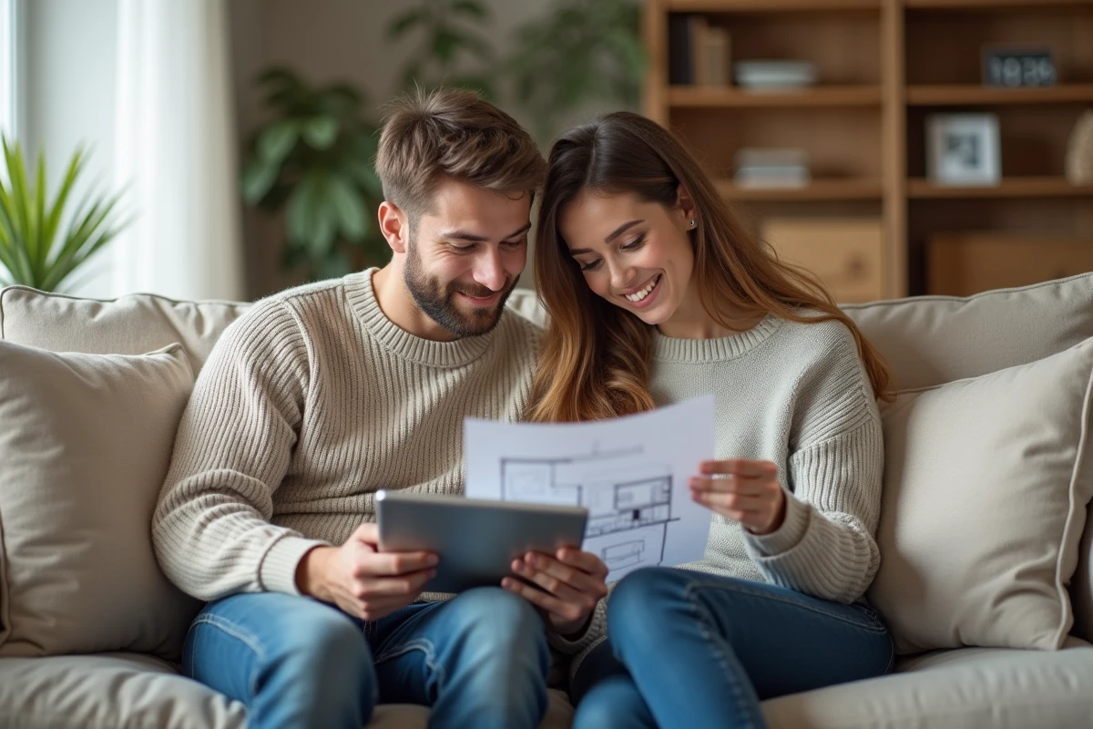 Jeune couple discutant de plans de maison sur une tablette dans le salon