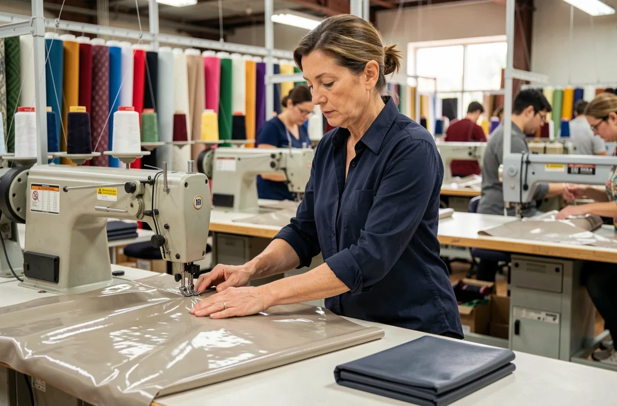 Couturière professionnelle cousant un tissu enduit brillant dans un atelier de production industrielle avec un échantillon mat visible à côté