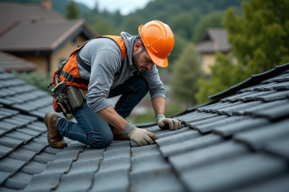 Ouvrier couvreur inspectant des tuiles sur un toit résidentiel