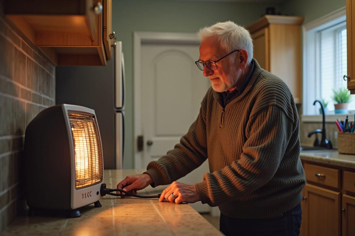 Homme âgé débranchant un radiateur électrique dans la cuisine