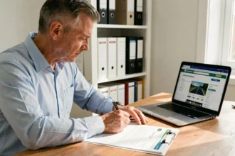 Propriétaire remplissant un formulaire de déclaration de panneau solaire auprès d'Enedis à son bureau à domicile