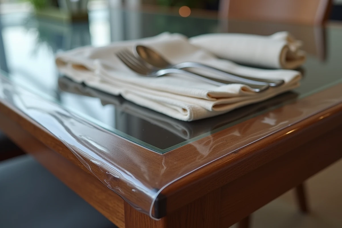 Détail du bord d'une nappe transparente sur mesure taillée avec précision sur une table en noyer, montrant la qualité et l'épaisseur du PVC
