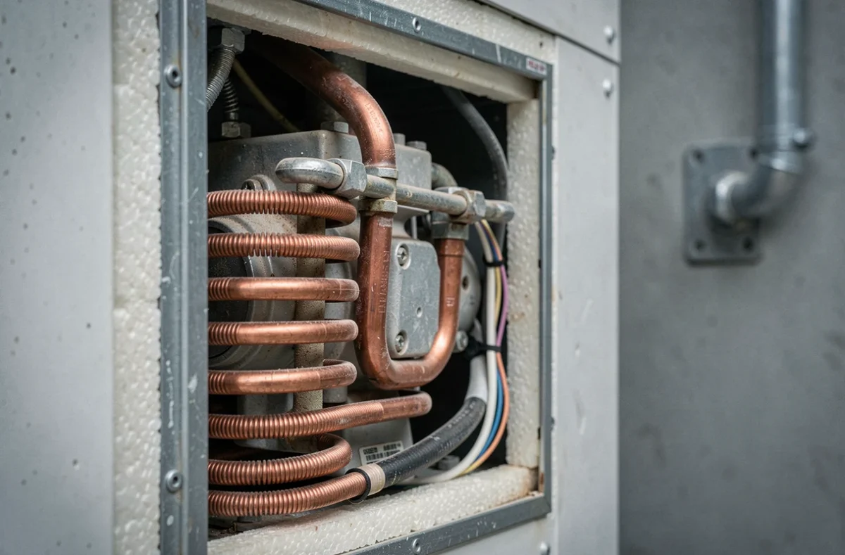 Détail des composants internes d'une pompe à chaleur avec serpentin en cuivre, compresseur et câblage isolé visibles