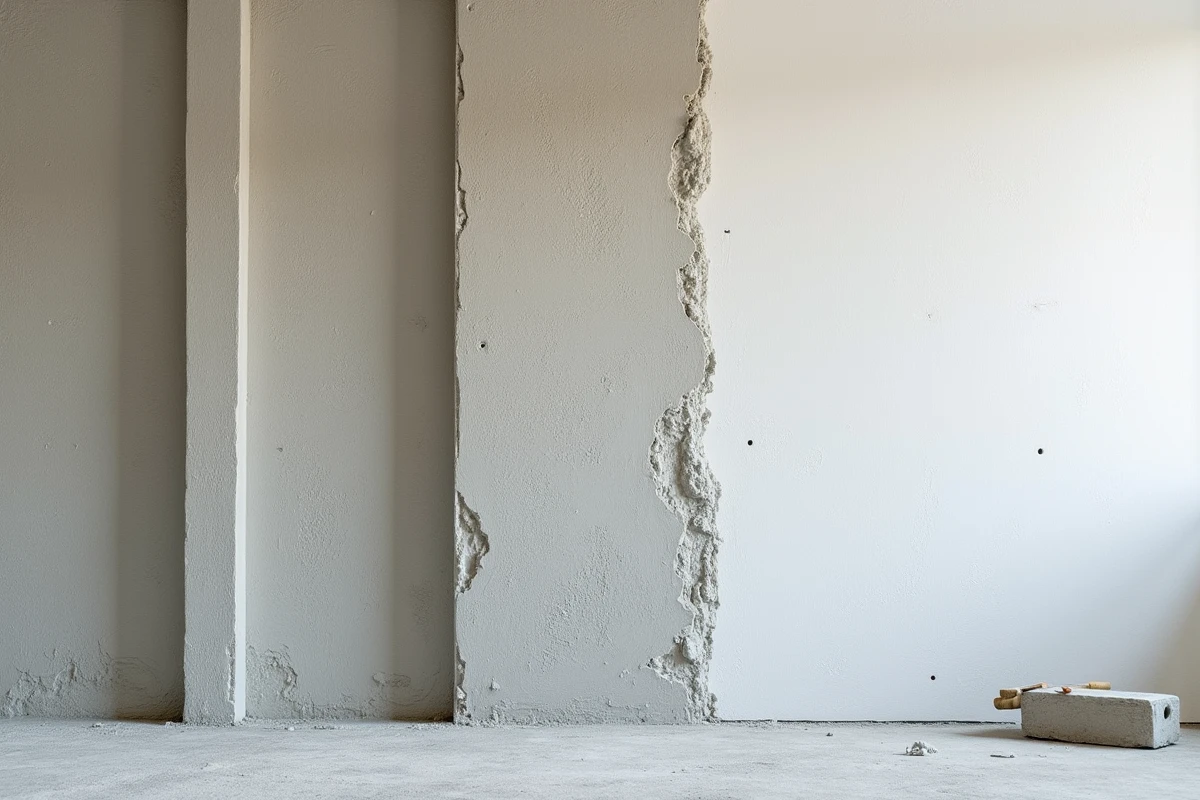 Détail des différentes couches d'enduit sur un mur en parpaing intérieur, de la surface brute au finition lisse