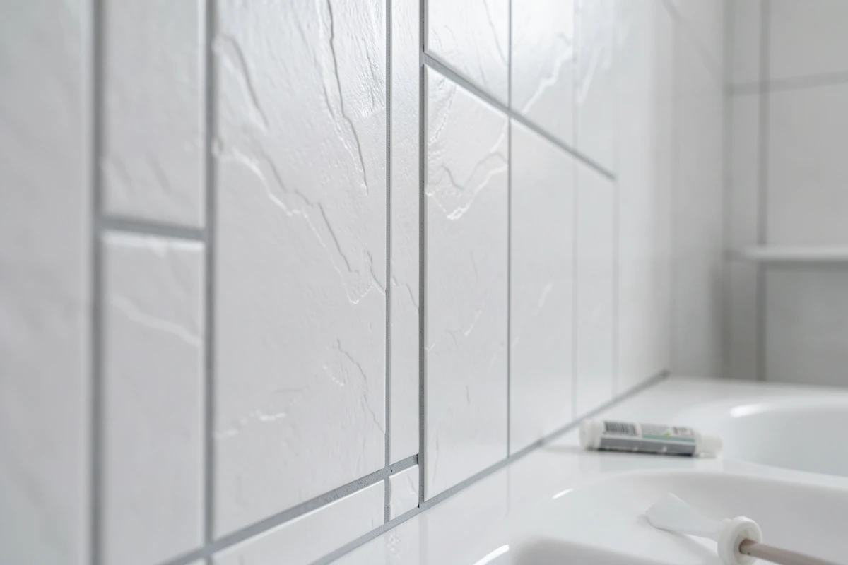 Détail de dalles murales PVC installées avec joints précis dans une salle de bain contemporaine
