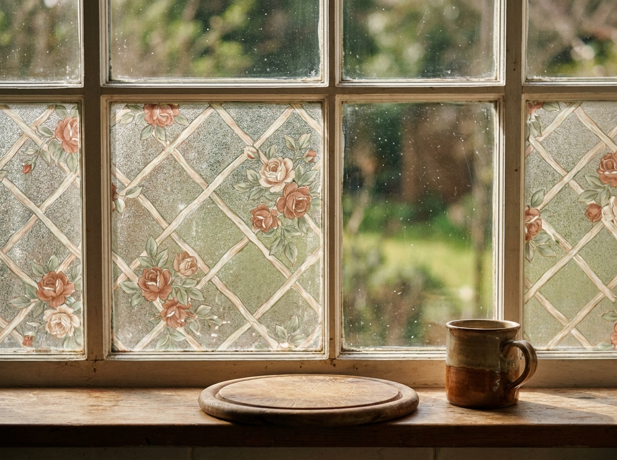 Gros plan d'un film vitrail motif floral terracotta appliqué sur une fenêtre de cuisine avec objets décoratifs