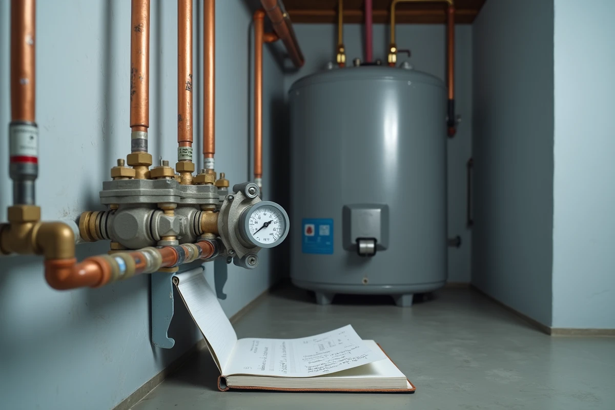 Détail d'une installation hydraulique RIBO T avec vannes de réglage, débitmètres et cahier de calculs de débit