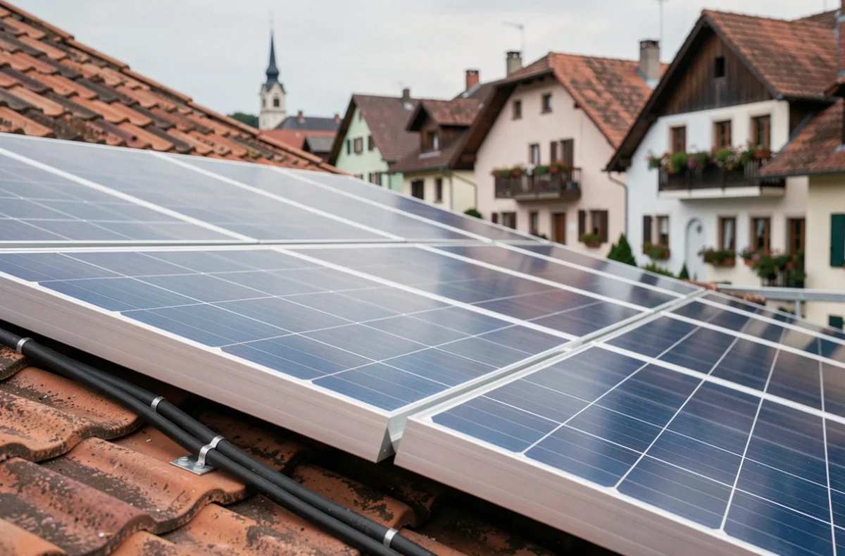 Détail de panneaux photovoltaïques nouvellement installés sur un toit en tuiles dans un quartier résidentiel de Mulhouse avec architecture alsacienne en arrière-plan
