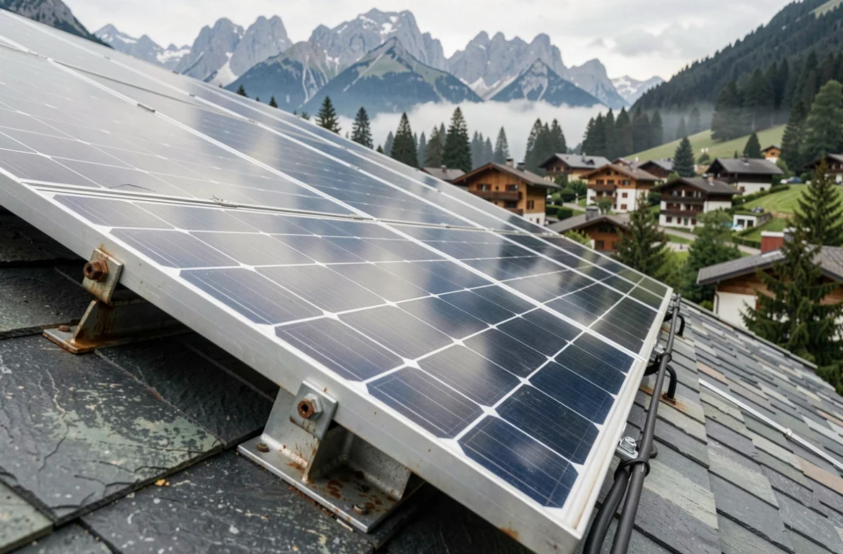 Gros plan sur des panneaux photovoltaïques installés sur un toit incliné avec vue sur un village alpin près d'Annecy