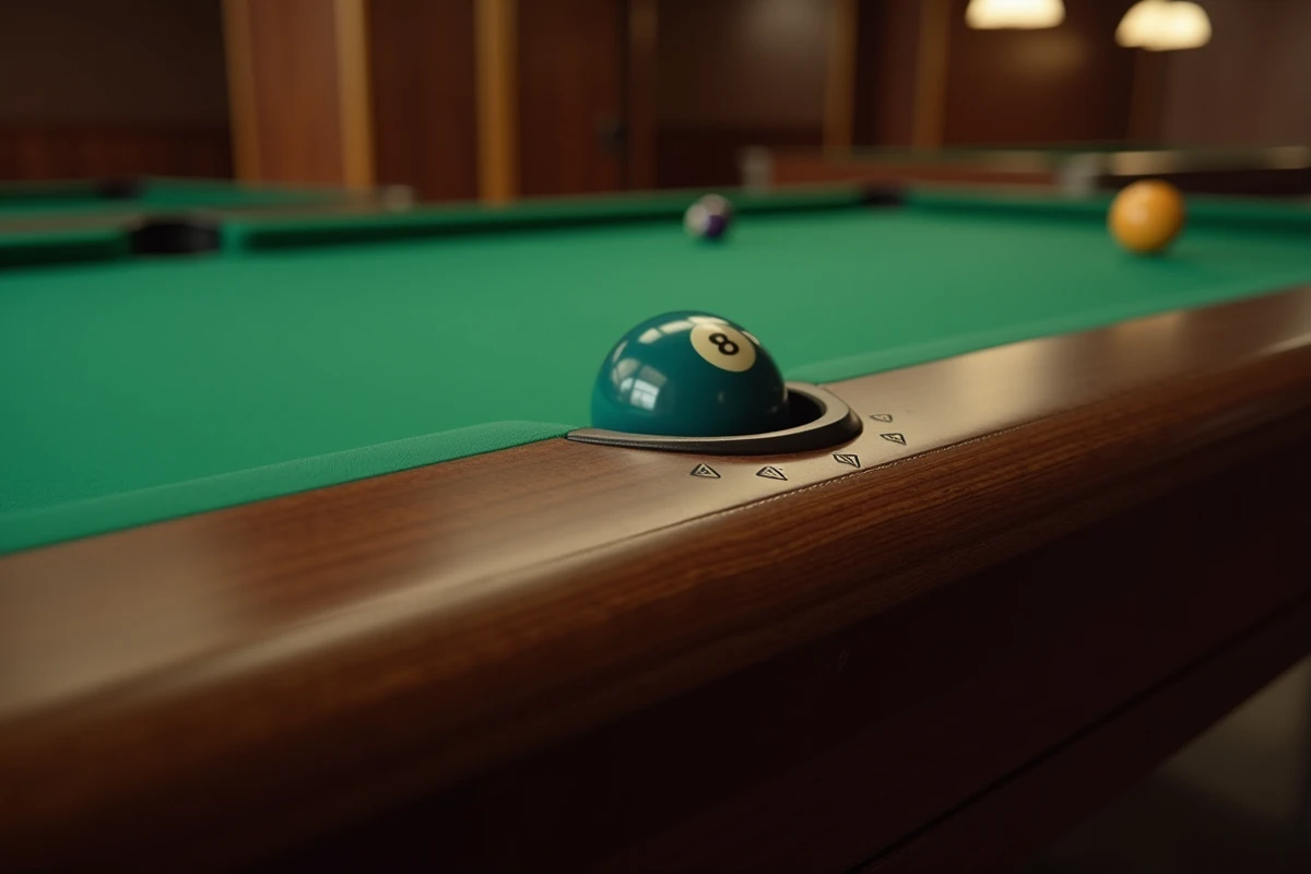 Gros plan sur la poche d'angle et le bord d'un billard américain professionnel montrant le tissu et les bandes en détail