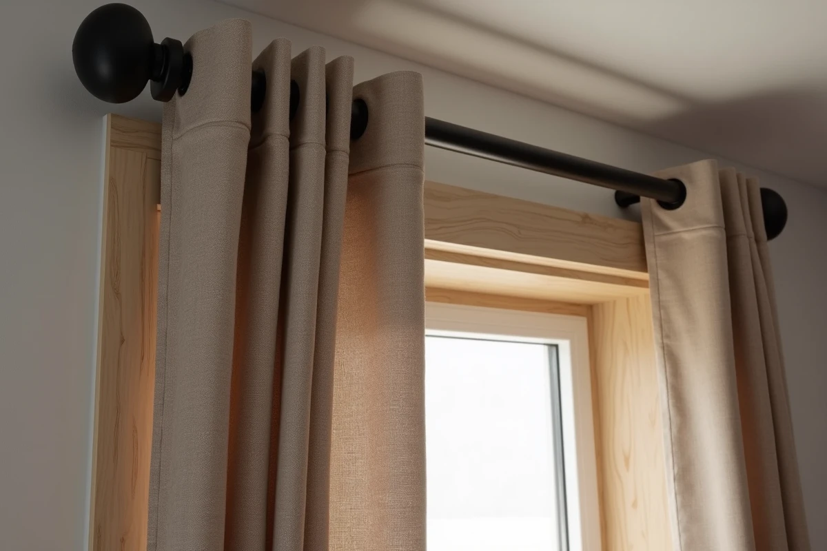 Gros plan sur le tissu épais d'un rideau occultant et isolant thermique avec doublure visible, monté sur une tringle noire