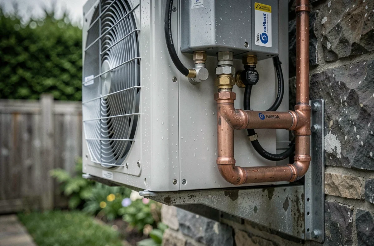 Détail des connexions de tuyauterie et du ventilateur d'une pompe à chaleur aérothermique résidentielle
