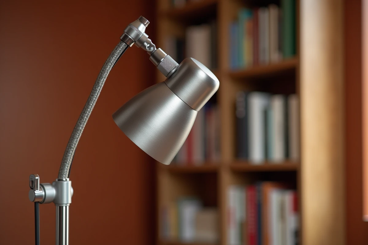 Détail du mécanisme de variateur et de l'articulation chromée d'une lampe halogène sur pied design