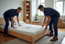 Deux monteurs en uniforme assemblent un lit en bois dans une chambre moderne
