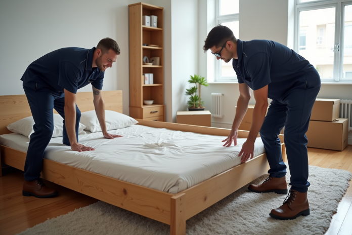 Deux monteurs en uniforme assemblent un lit en bois dans une chambre moderne