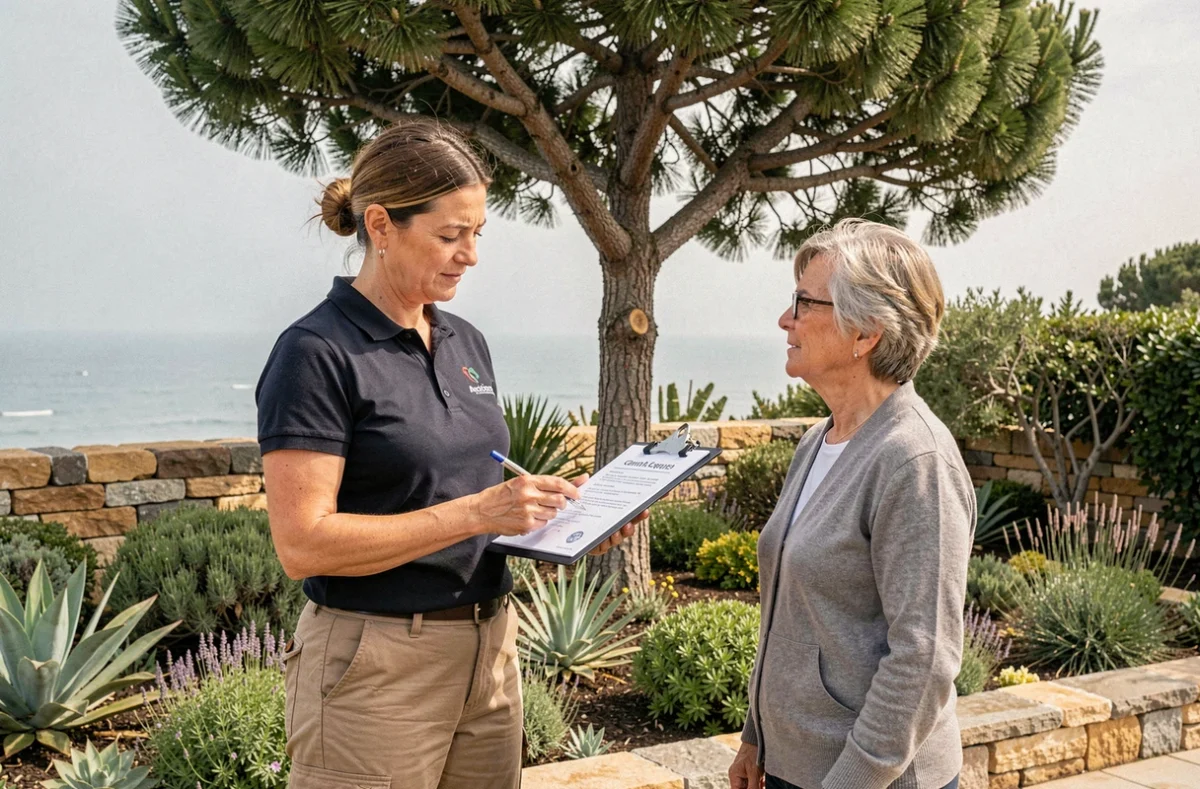 Paysagiste présentant un devis d'élagage à une cliente dans un jardin à Anglet avec vue sur un pin