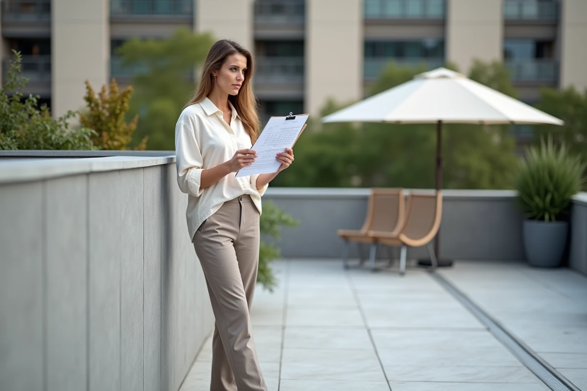 Femme consultant un devis de rénovation sur un toit terrasse résidentiel fraîchement rénové