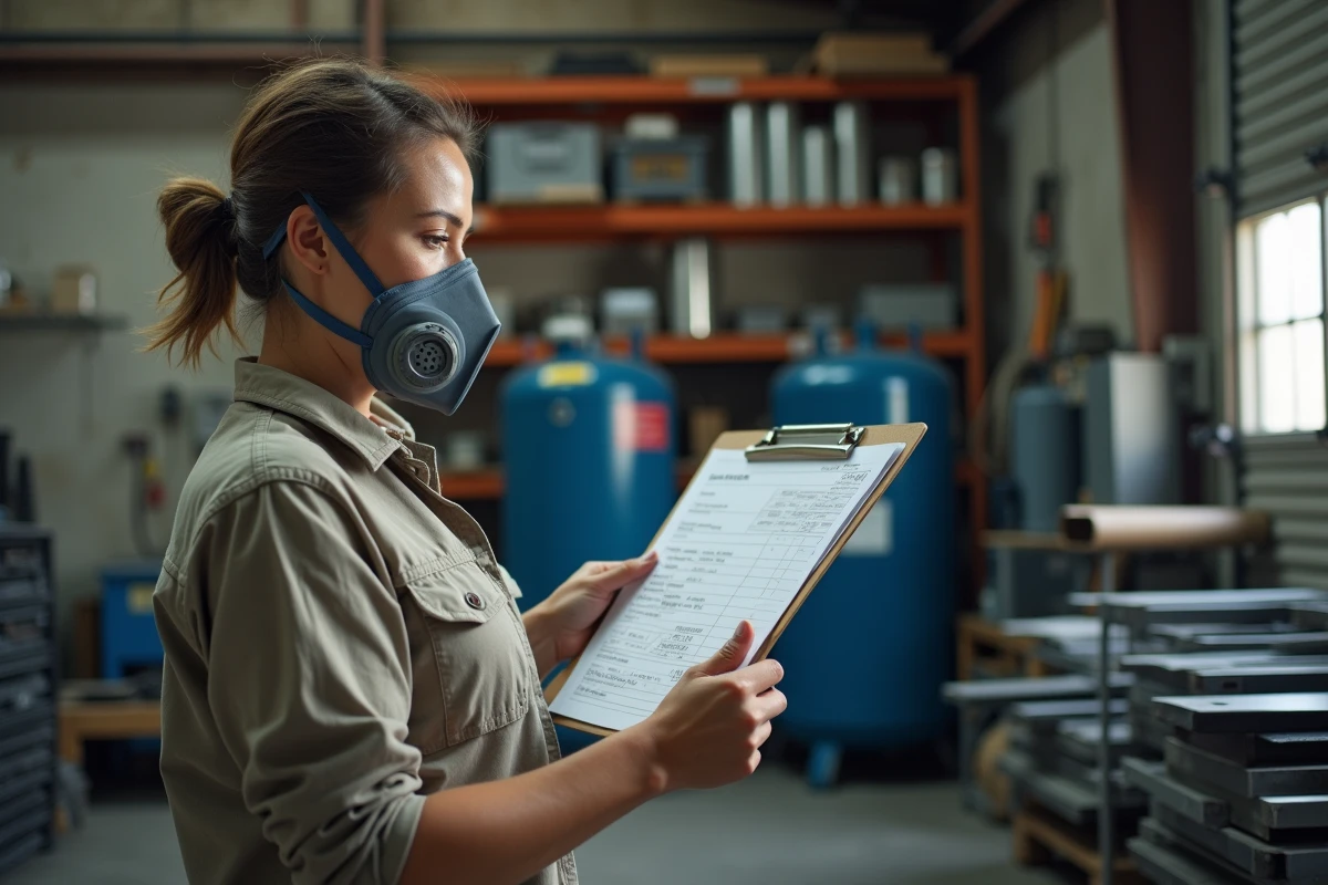 Propriétaire de petite entreprise consultant un devis de sablage au m2 dans un atelier avec matériel de décapage visible en arrière-plan