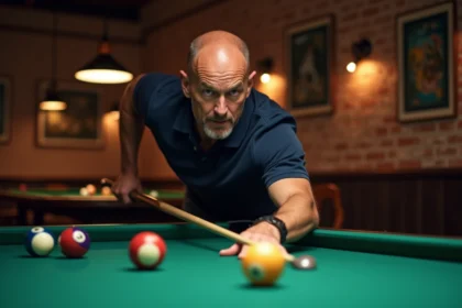 Joueur adulte en train de viser sur un billard américain format 9 pieds dans une salle de jeu décorée avec soin