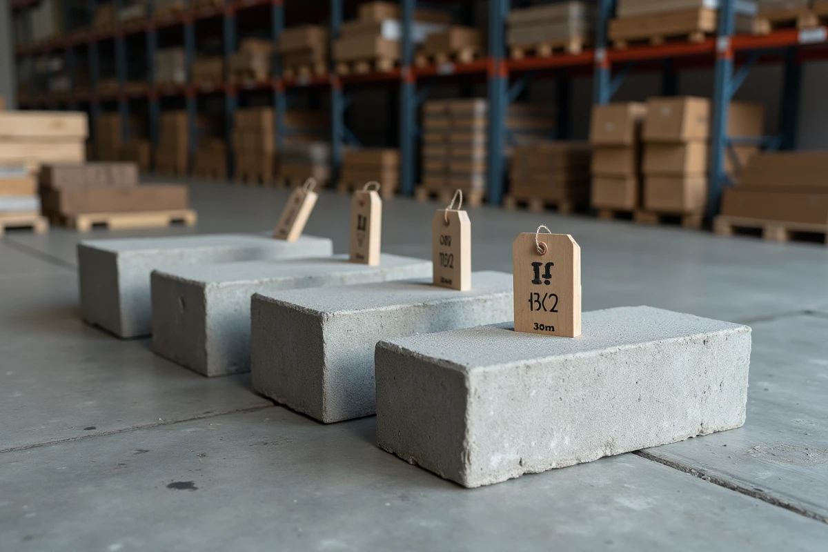 Différents formats de parpaings en béton exposés dans un entrepôt de matériaux de construction avec étiquettes de dimensions