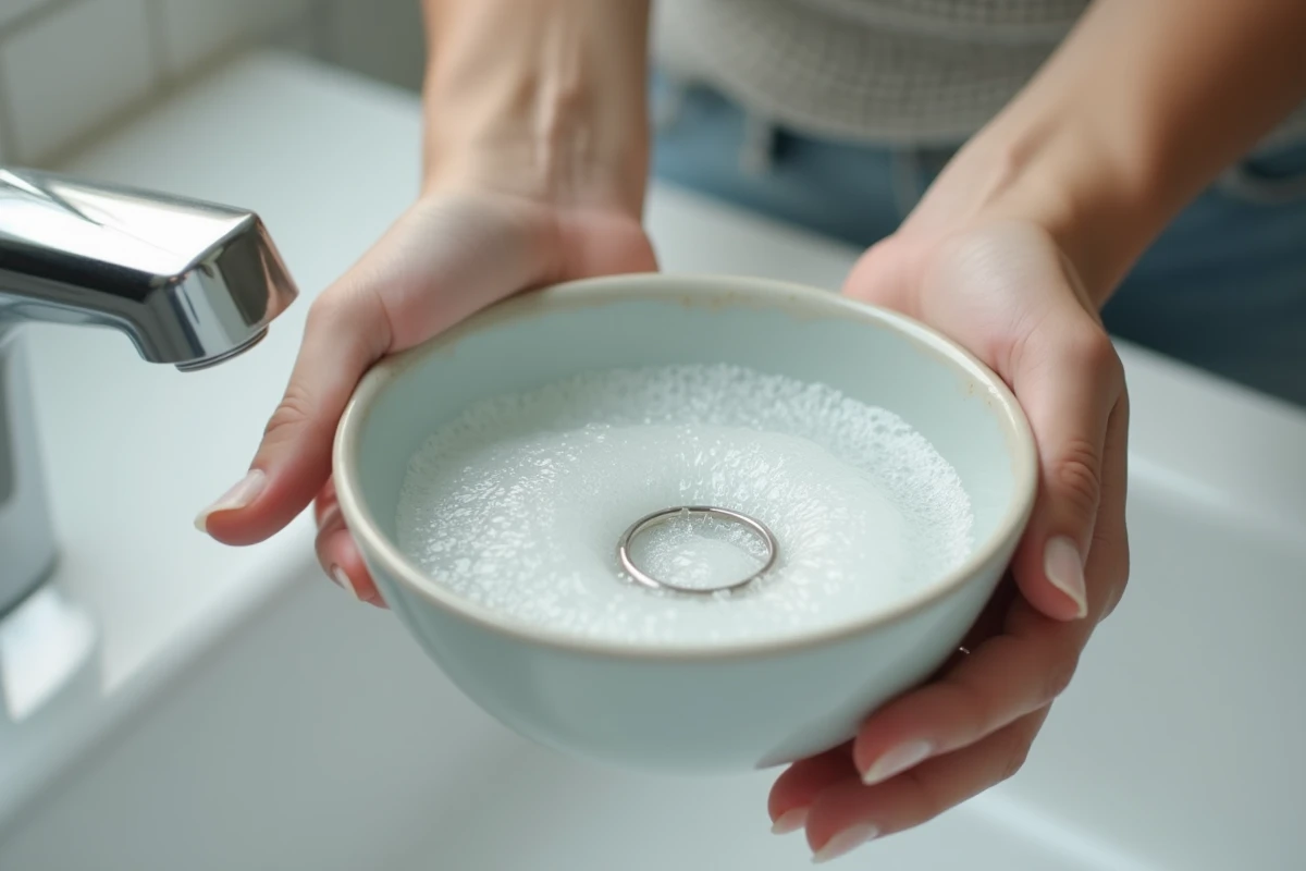 Bague en argent trempant dans un bol d'eau tiède savonneuse pour un nettoyage délicat