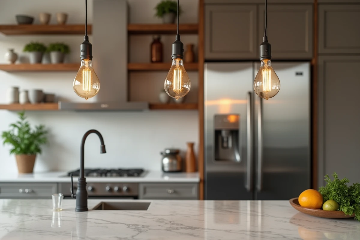 Cuisine moderne avec ampoules à filament sous des suspensions, illustrant le choix des lumens pour l'éclairage d'une cuisine