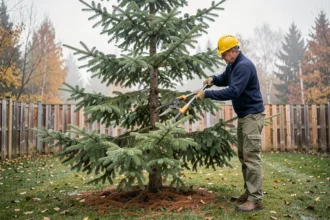 Élagueur professionnel taillant un grand sapin d'épicéa dans un jardin résidentiel en automne avec des échenilloirs à long manche